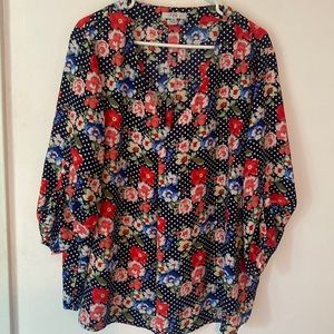 navy polka dot plus 3x blouse with pink and blue flowers. Beautiful!